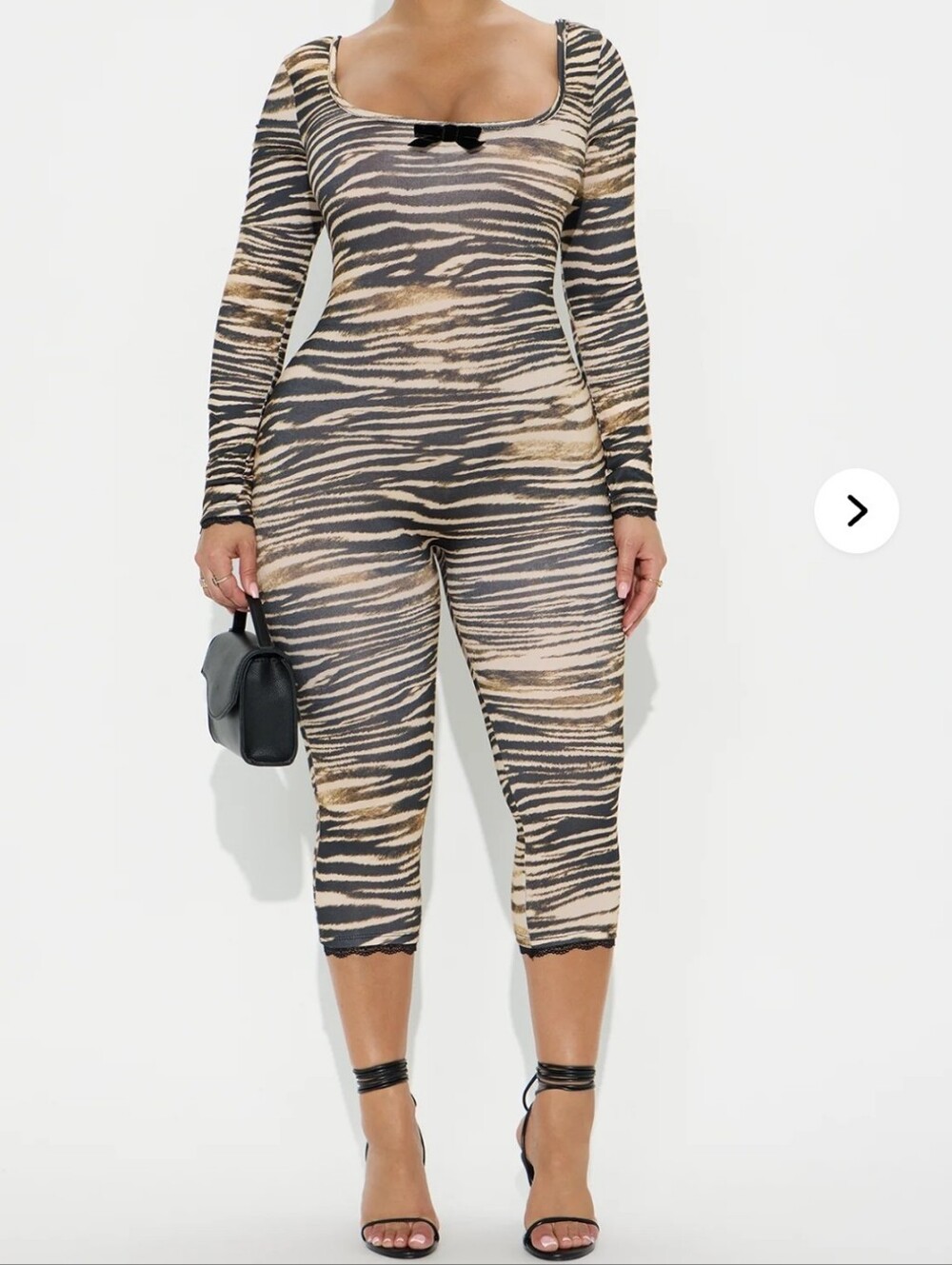 Fashion Nova Beige & Black Zebra-Print Long-Sleeve Scoop-Neck Jumpsuit